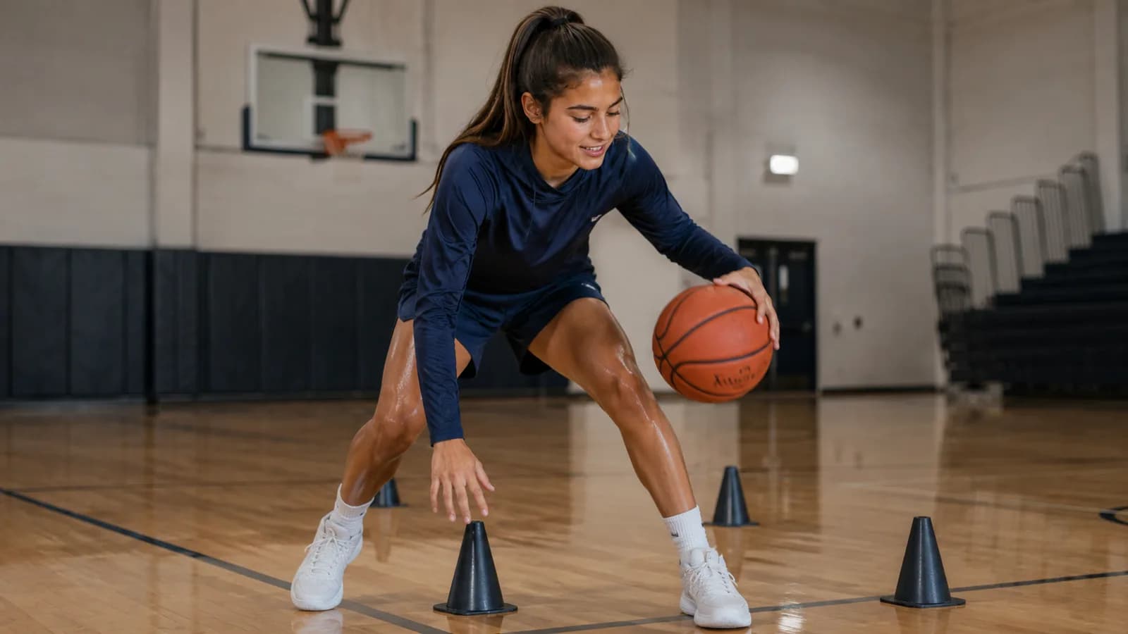 An athlete working through a cone dribbling drill in an empty gym