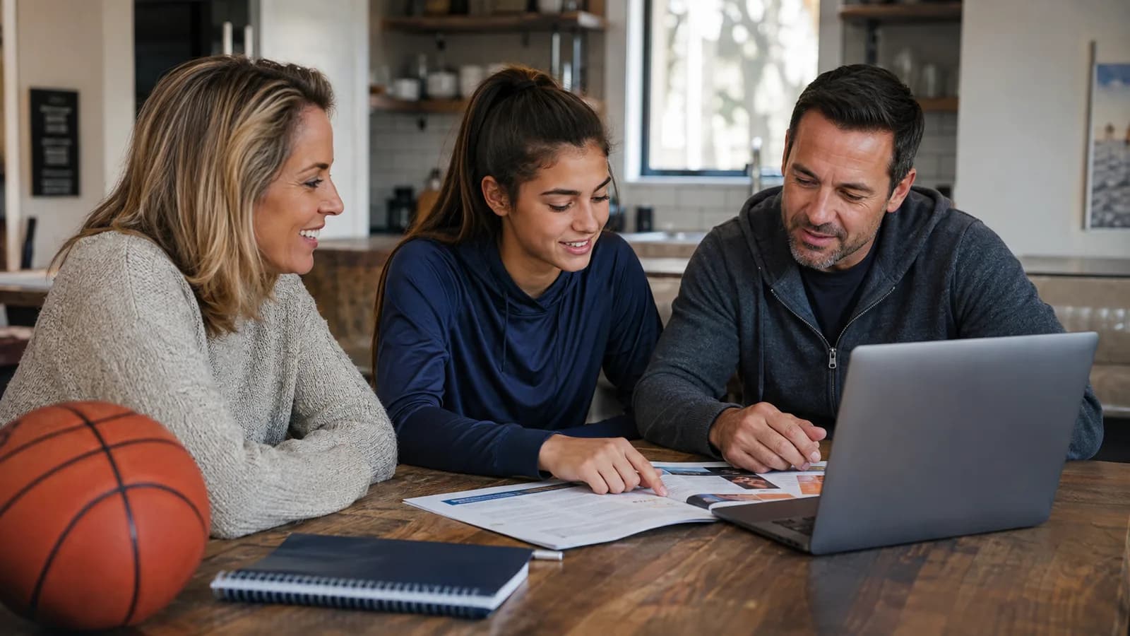 An athlete and her parents working through university brochures at home