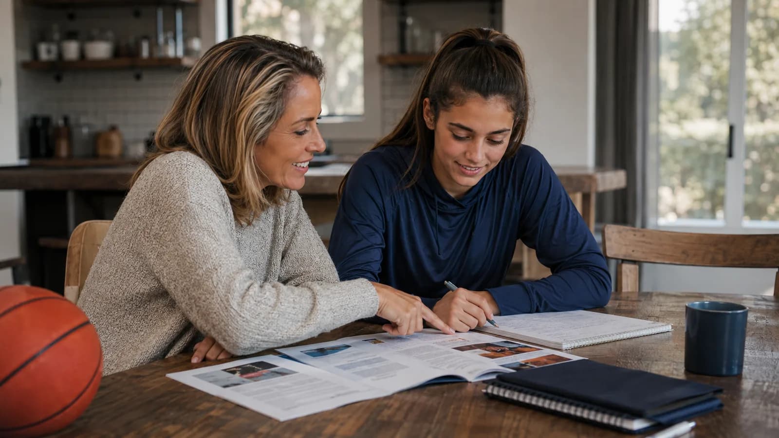 An athlete and her mother reading through a university prospectus